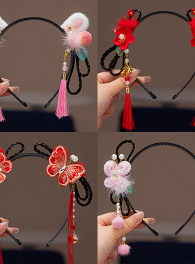 春节马年汉服头饰儿童甜美花朵发箍女宝宝中国风过年红色喜庆卡子