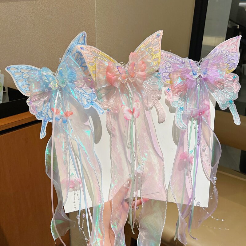 女童汉服紫粉刺绣蝴蝶流苏发饰图片