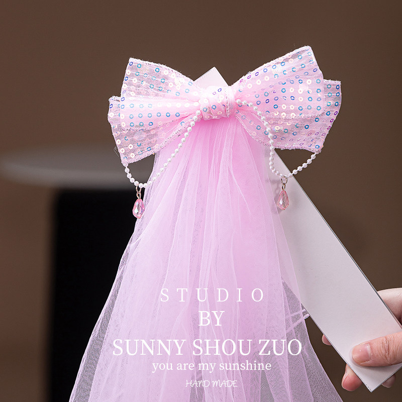 公主头纱女儿童2025年新款女孩蝴蝶结飘纱发夹超仙儿童后脑勺发饰