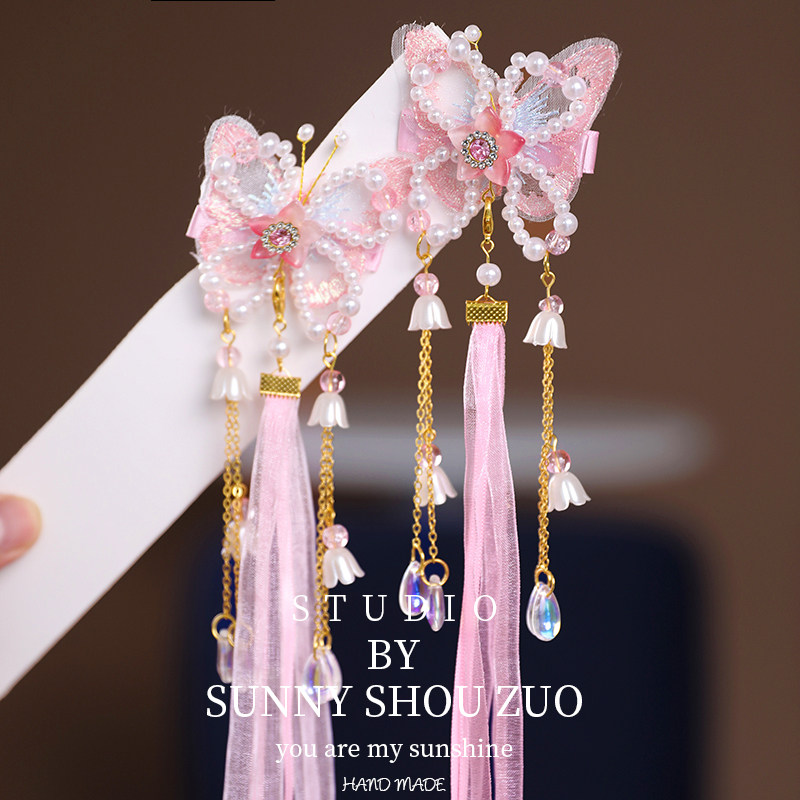 2026宝宝汉服古风头饰蝴蝶流苏汉服女儿童中国风发夹编发公主飘带