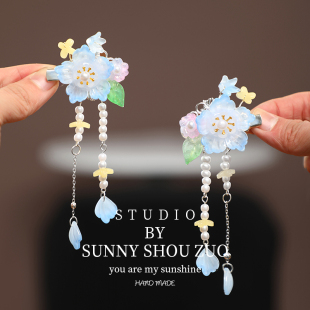 儿童汉服女侠小众设计花朵流苏发夹女童公主发卡中国风古风头饰