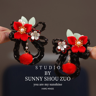 女童古风汉服发夹2026过年喜庆假发辫子对夹新年宝宝红色流苏发饰