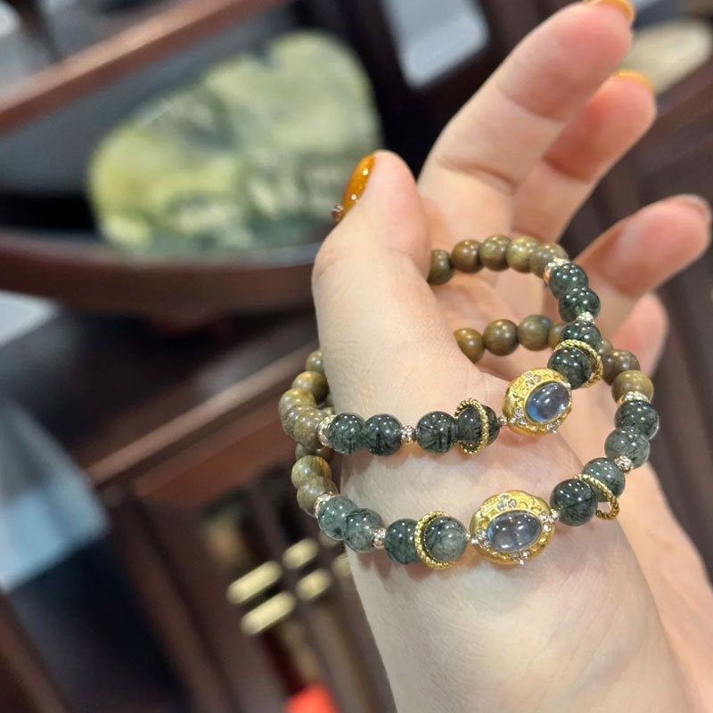 暴富招财进宝天然绿幽灵单圈手链女绿檀木小众精致檀木水晶手串简