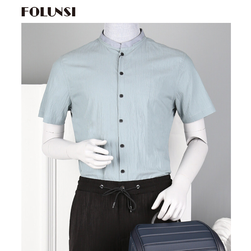 佛伦斯folunsi男装夏季时尚简约休闲风浅蓝色青年小立领舒适衬衫