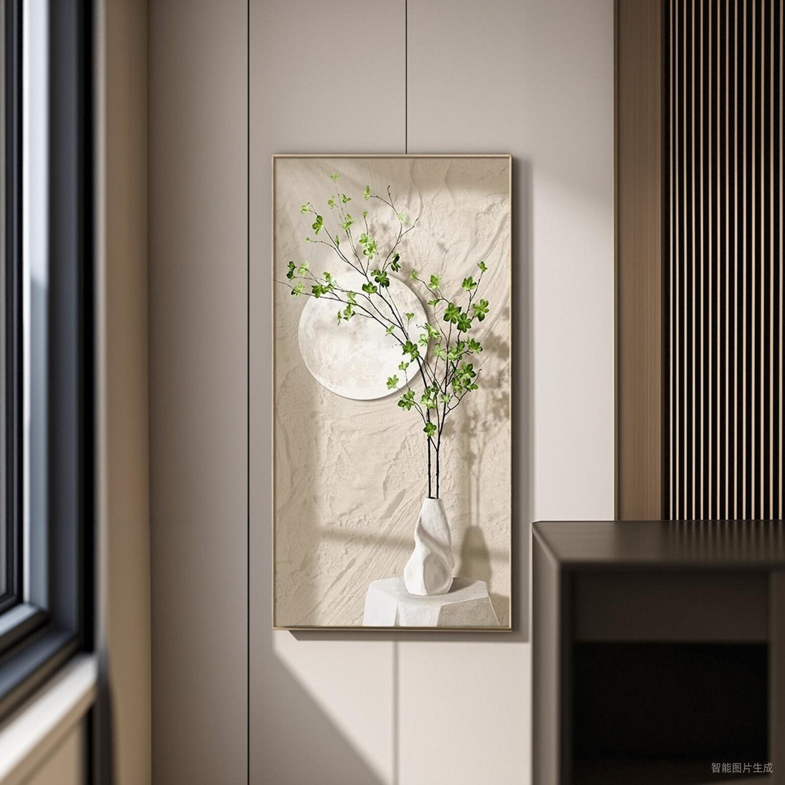 入户玄关装饰画绿植简约过道挂画奶油风肌理画客厅沙发竖版艺术画图片