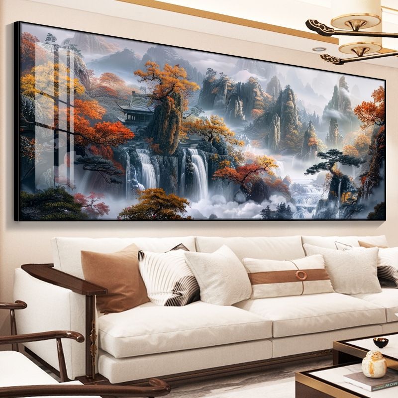 流水生财山水风景画客厅装饰画沙发背景墙挂画横版大气办公室壁画