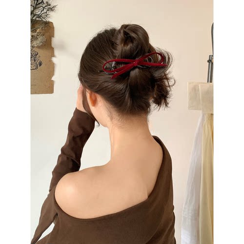 Busan秋冬复古丝绒蝴蝶结一字扭扭夹发夹2025新高级感后脑勺夹子