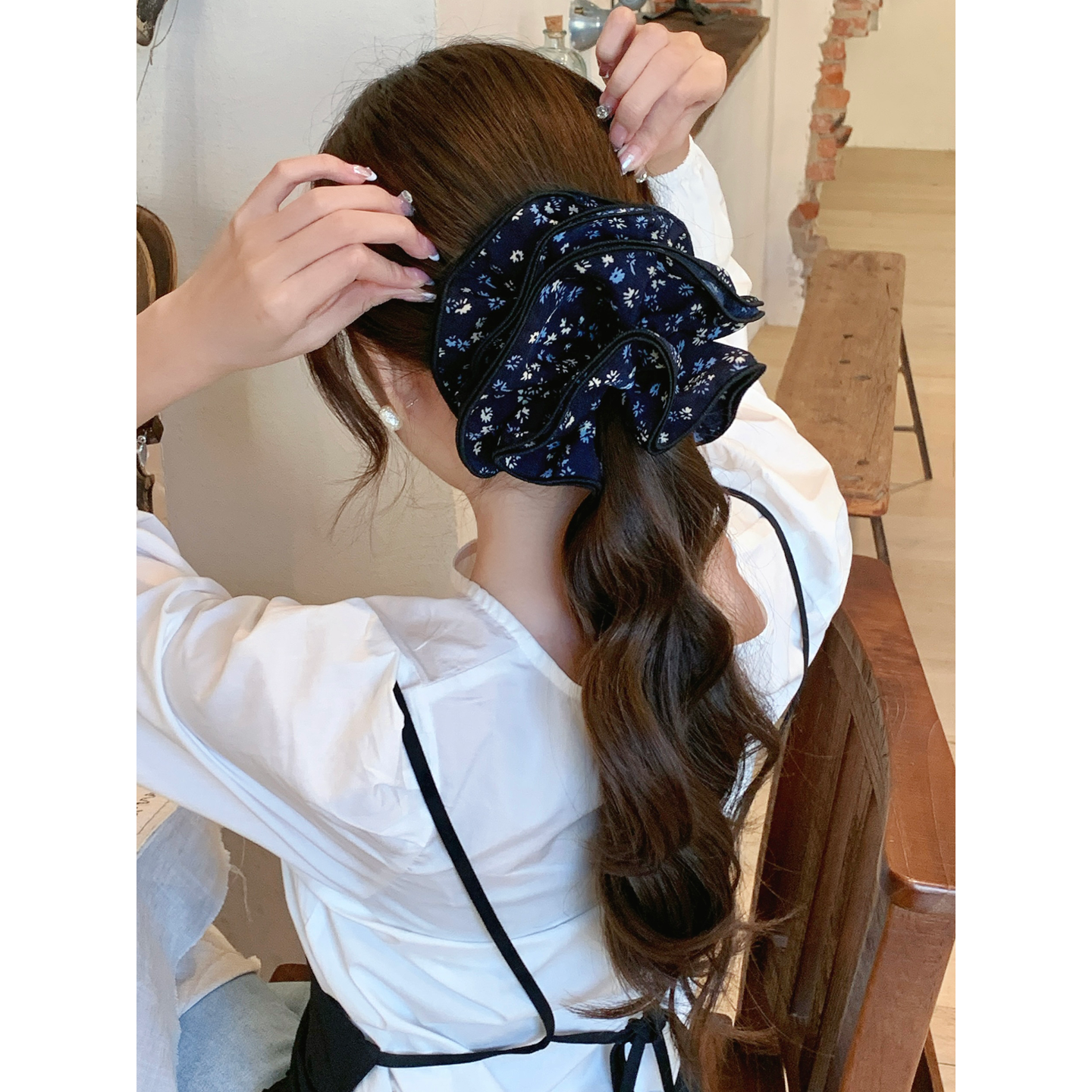 Busan复古森系藏青色碎花四层头花发圈弹性好头绳丸子头绑发发绳