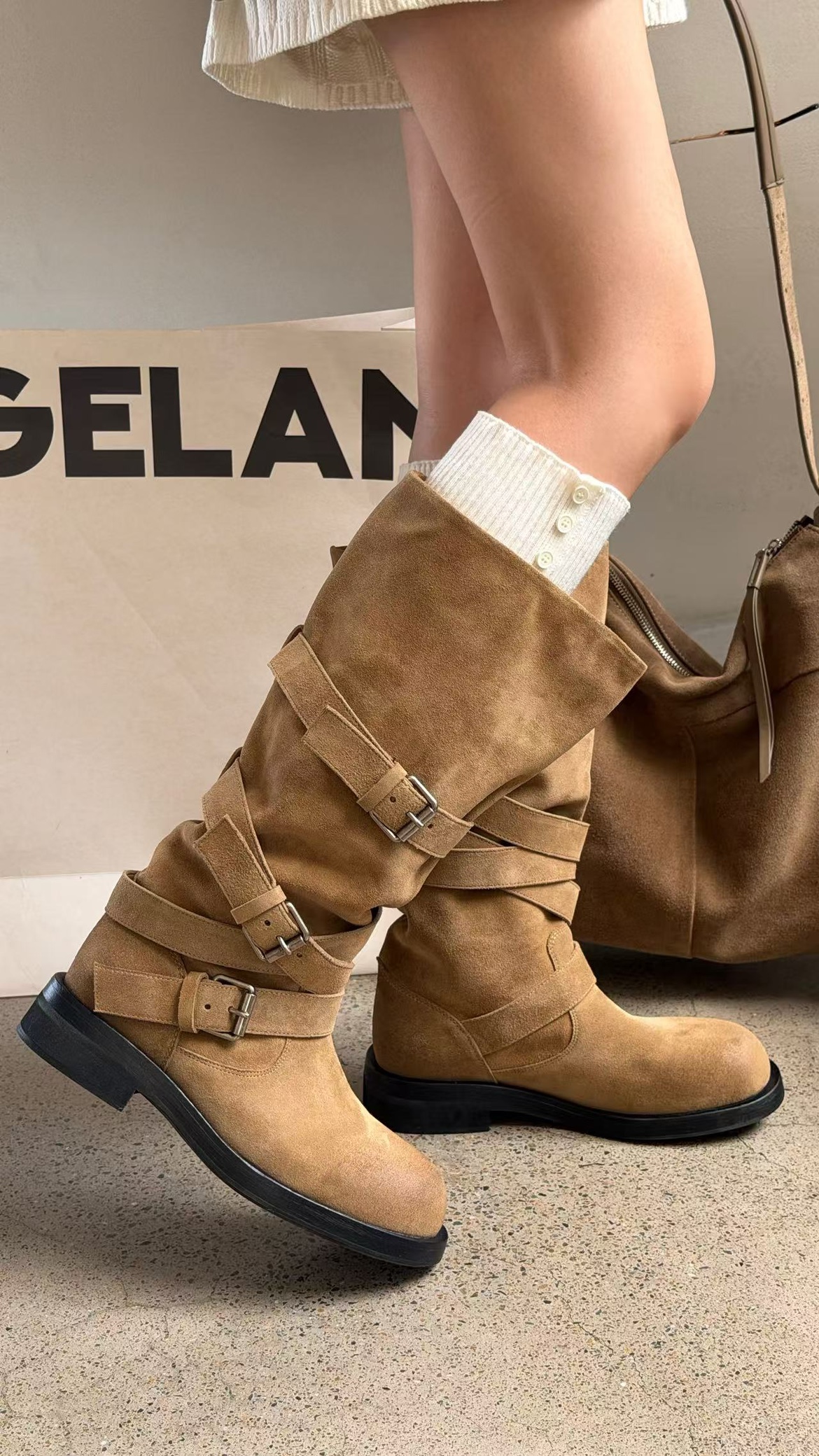 诗歌兰粗跟扣带真皮长靴骑士靴