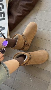 诗歌兰真皮女鞋2025冬新款时尚百搭舒适厚底皮带扣加绒保暖雪地靴