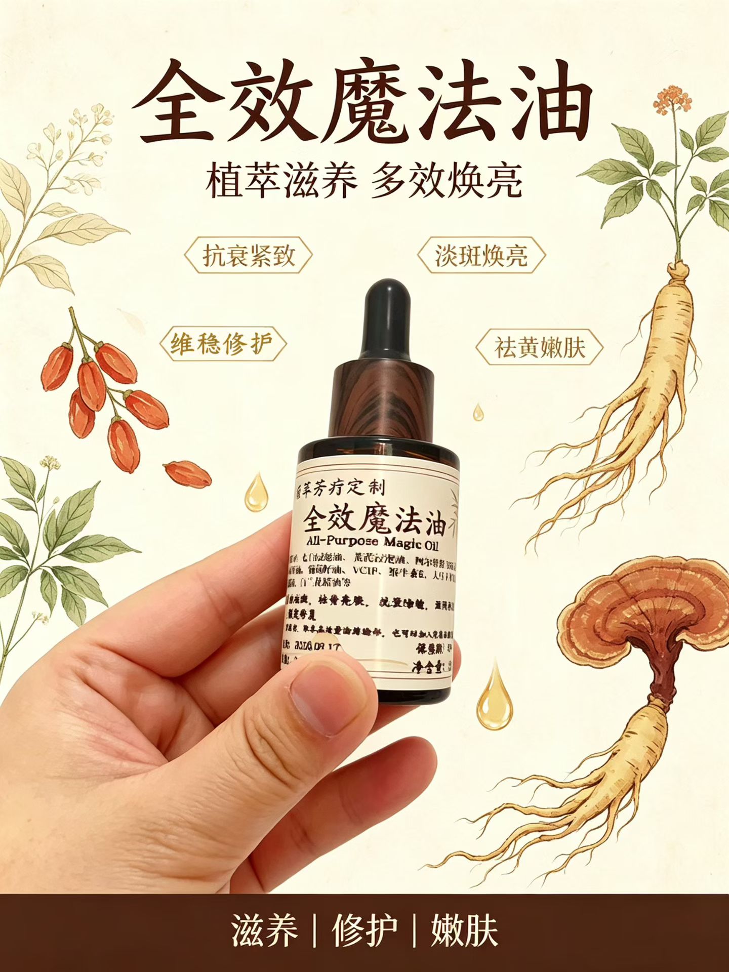 芳疗定制全能魔法油  植萃多效嫩白紧致面部精华油 干皮润肤养肤