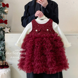 女童连衣裙冬2025新款 加绒连衣裙两件套 洋气打底加绒上衣无袖