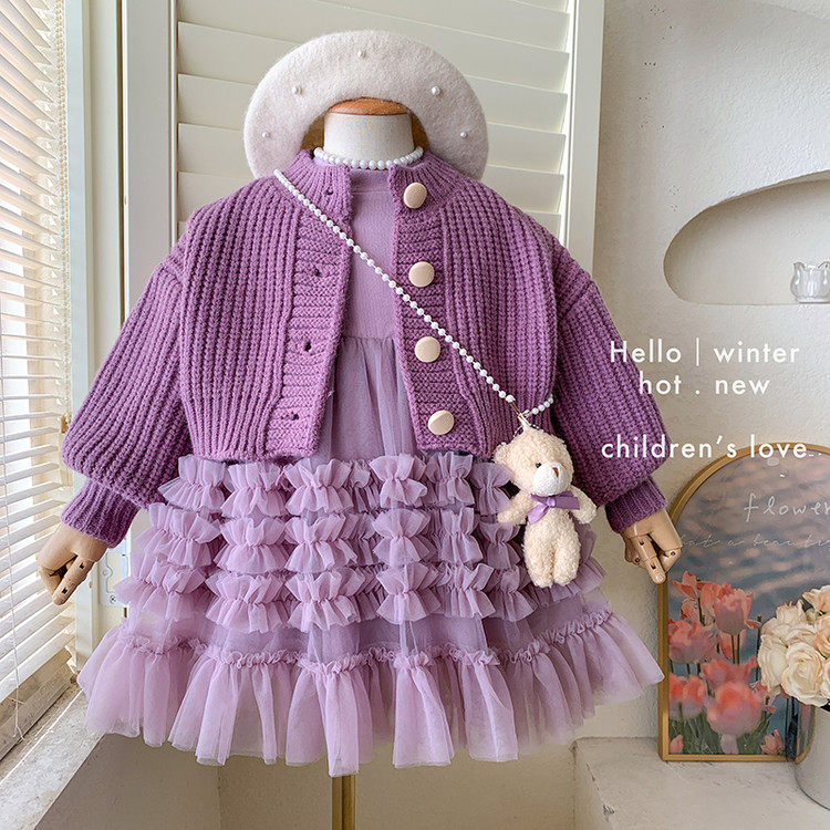 女童连衣裙冬款2025新款加厚针织外套加绒打底网纱连衣裙两件