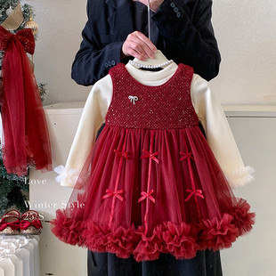 25新款秋冬女童加绒打底上衣加绒无袖蝴蝶结网纱连衣裙两件套