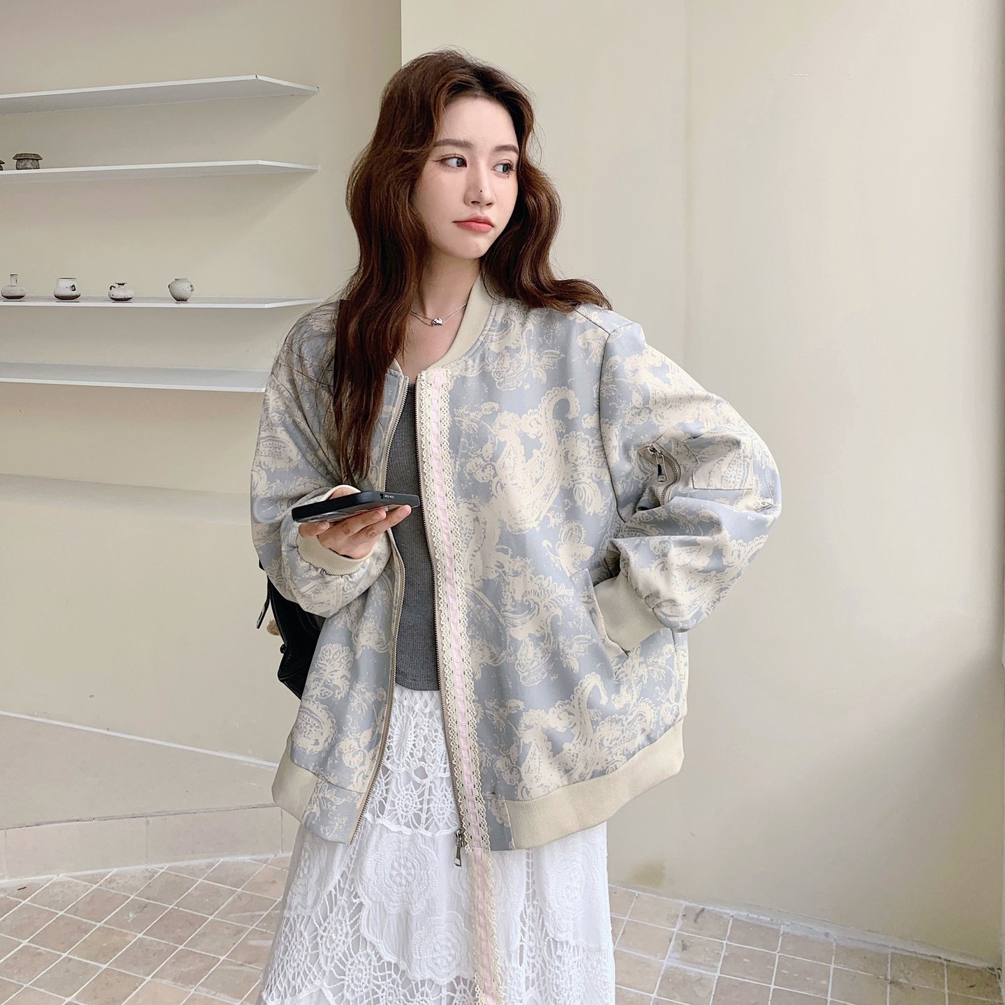 现货215-25069-P155新中式印花外套秋装新款夹克（控238），女装短外套，婷丫丫