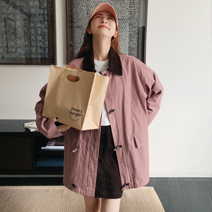 韩系粉色短款风衣外套女春秋季2025新款复古撞色休闲宽松夹克上衣图片