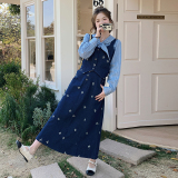 学院风甜美穿搭蓝色吊带叠穿衬衫套装女春秋超火好看半身裙三件套，女装短外套，婷丫丫