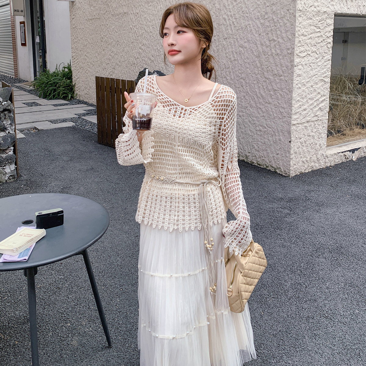 叠穿镂空罩衫半身裙套装两件套女2025春季新款超好看蕾丝纱裙套装,女装短外套,婷丫丫