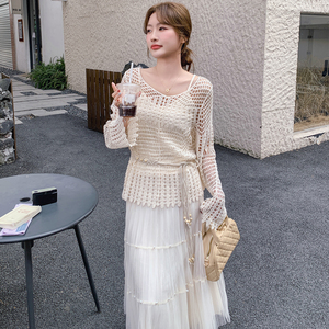 叠穿镂空罩衫半身裙套装两件套女2025春季新款超好看蕾丝纱裙套装图片