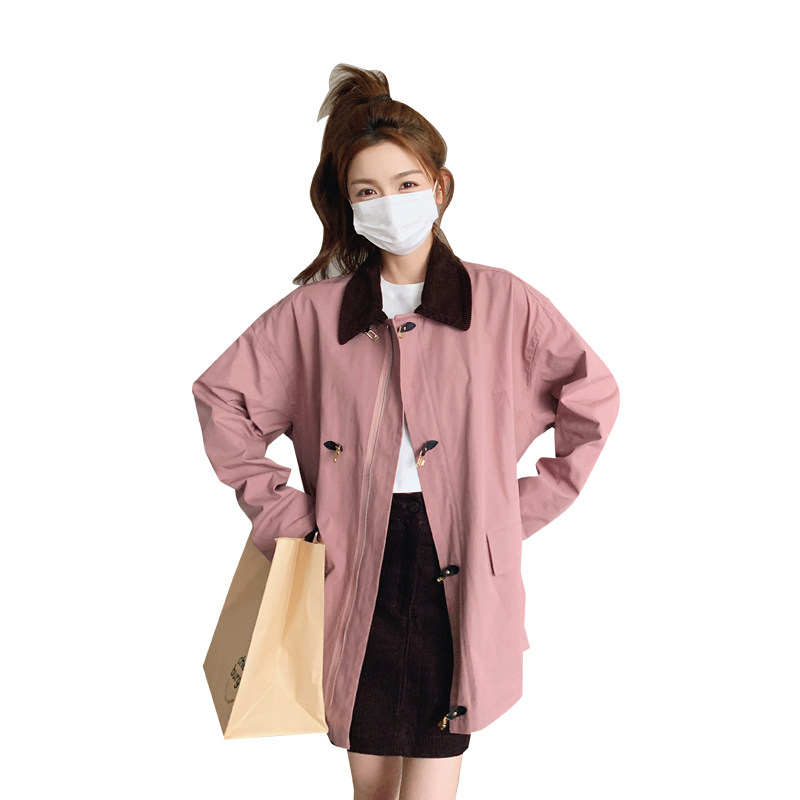 韩系粉色短款风衣外套女春秋季2025新款复古撞色休闲宽松夹克上衣,女装短外套,婷丫丫