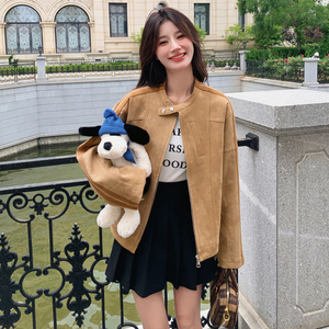 卡其色麂皮绒短款外套女2024秋季新款高级感复古休闲小个子夹克潮图片