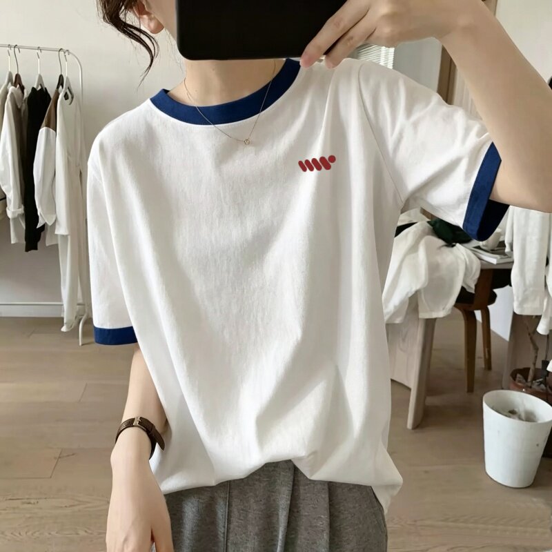 撞色纯棉短袖t恤女时尚洋气宽松上衣白色胖mm减龄休闲上衣夏季