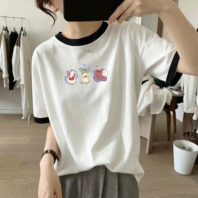 胖mm纯棉领口撞色短袖t恤女时尚百搭打底衫夏季减龄印花休闲上衣