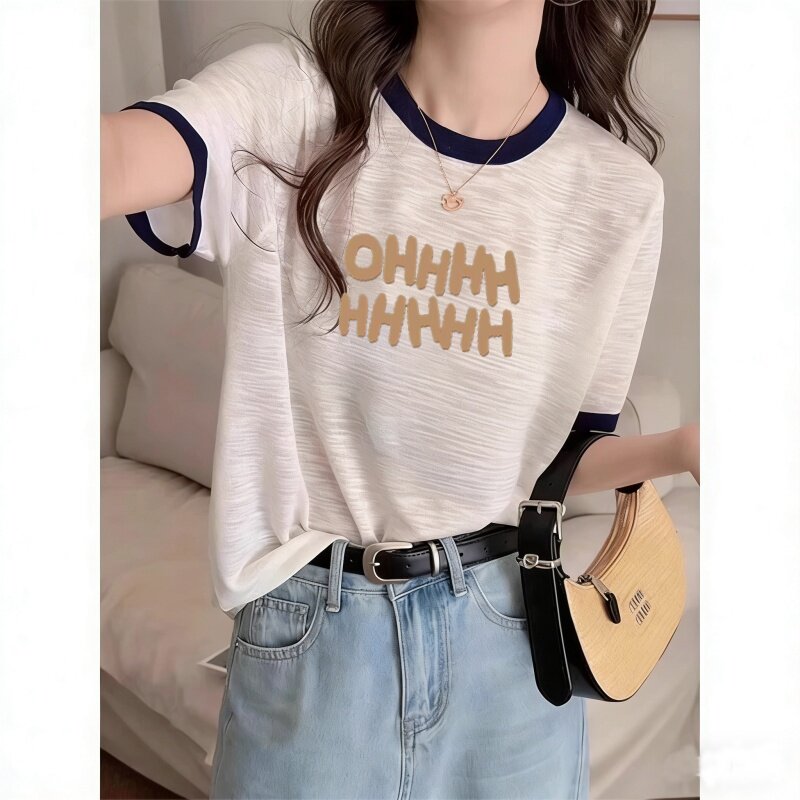 新款竹节棉短袖t恤女士洋气减龄宽松大码圆领卡通印花学生上衣