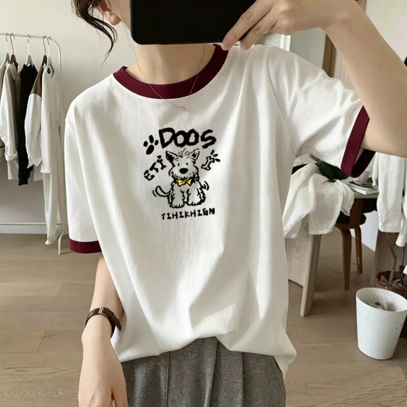 温柔风纯棉撞色宽松短袖t恤女夏季韩系休闲印花百搭胖mm减龄上衣