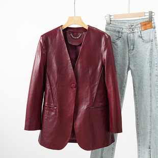 外套 2025春秋新款 高级感植鞣羊皮西装 安可拉红色真皮皮衣女中长款