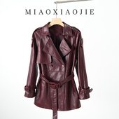 安可拉红色高级感油蜡绵羊皮真皮风衣女收腰2025中长款 皮衣外套