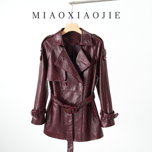 安可拉红色高级感油蜡绵羊皮真皮风衣女收腰2025中长款 皮衣外套