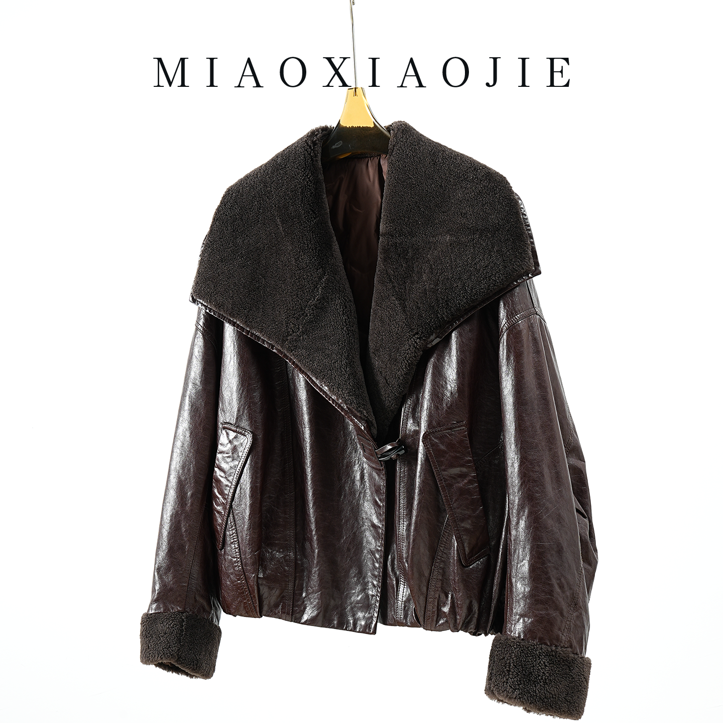 皮毛一体大毛领羊皮机车鹅绒