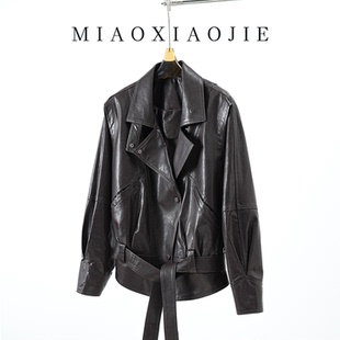 复古酷飒风翻领小羊皮真皮皮衣外套女春秋美式 宽松机车皮夹克 短款