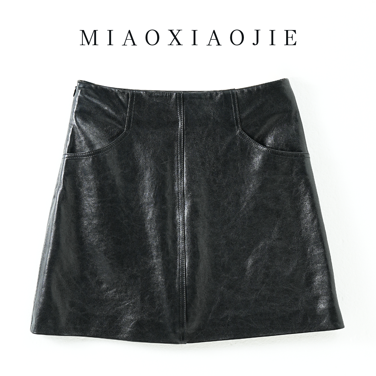高端冷翡油蜡羊皮高腰真皮半身裙