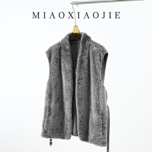 欧货真皮真毛羊羔毛皮毛一体拼针织立领马甲羊毛气质皮草无袖 外套