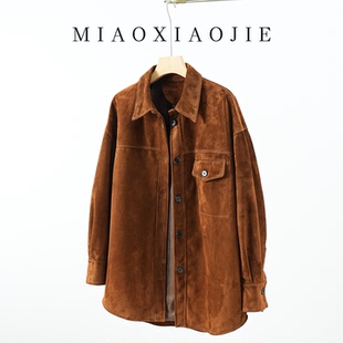 2025秋新款 款 上衣皮衬衫 高级感反绒翻毛羊皮真皮皮衣女外套中长款