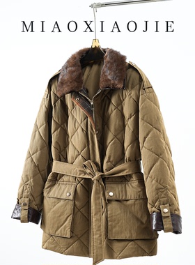 欧货2025冬季新款可拆卸水貂毛领腰带打格绵羊皮鹅绒服女羽绒外套