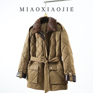 欧货2025冬季新款可拆卸水貂毛领腰带打格绵羊皮鹅绒服女羽绒外套