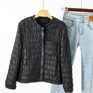 皮棉服皮夹克 欧洲站 天生有型 小羊皮夹薄棉设计款 真皮皮衣女短款