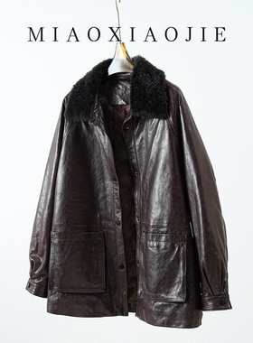 欧货油蜡羊皮真皮鹅绒服中长款皮衣宽松大码阔版2025冬新款皮外套