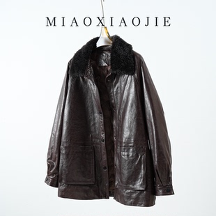 2025冬新款 阔版 皮外套 皮衣宽松大码 欧货油蜡羊皮真皮鹅绒服中长款