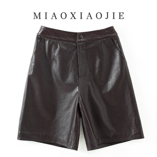 阔腿裤 高级感 女高腰皮中裤 真皮五分皮裤 欧洲站小羊皮2025秋新款