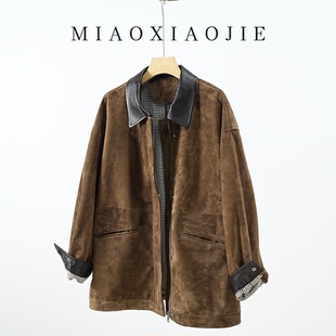 高端反绒羊皮真皮皮衣外套方领 美拉德欧美风机车皮夹克 直筒休闲