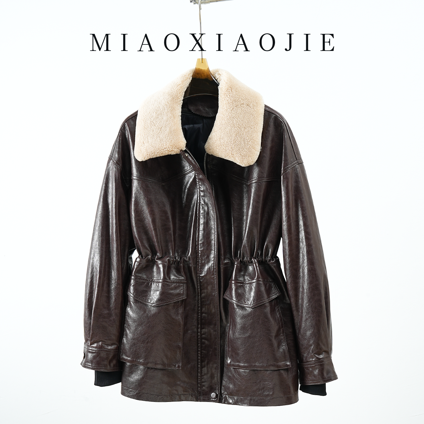 可拆卸羊毛领油蜡绵羊皮鹅绒