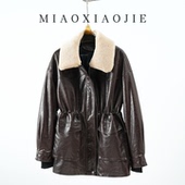 可拆卸羊毛领油蜡绵羊皮鹅绒真皮羽绒服女中长款 皮外套 2025冬新款