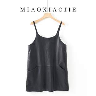 欧洲站植鞣真皮吊带连衣裙女显瘦绵羊皮中长款皮裙背心裙2025新款