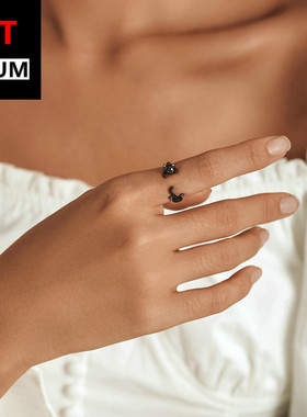 欧美流行饰品纯银s925银创意黑猫开口戒指镀黑金可爱动物指环手饰