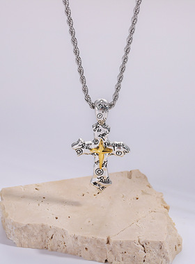 欧美复古涂鸦十字架项链