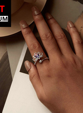 饰品跨境原创蓝粉渐变莲花开口戒指s925纯银指环手饰百搭饰品女